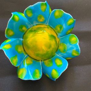 Vintage Original by Robert, Blue/Yel/Lime Brooch, Enamel Over Goldtone, signed.